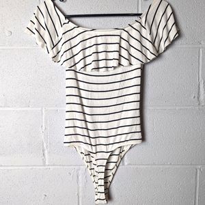 Express White striped, Ribbed, Off the Shoulder Thong bodysuit
